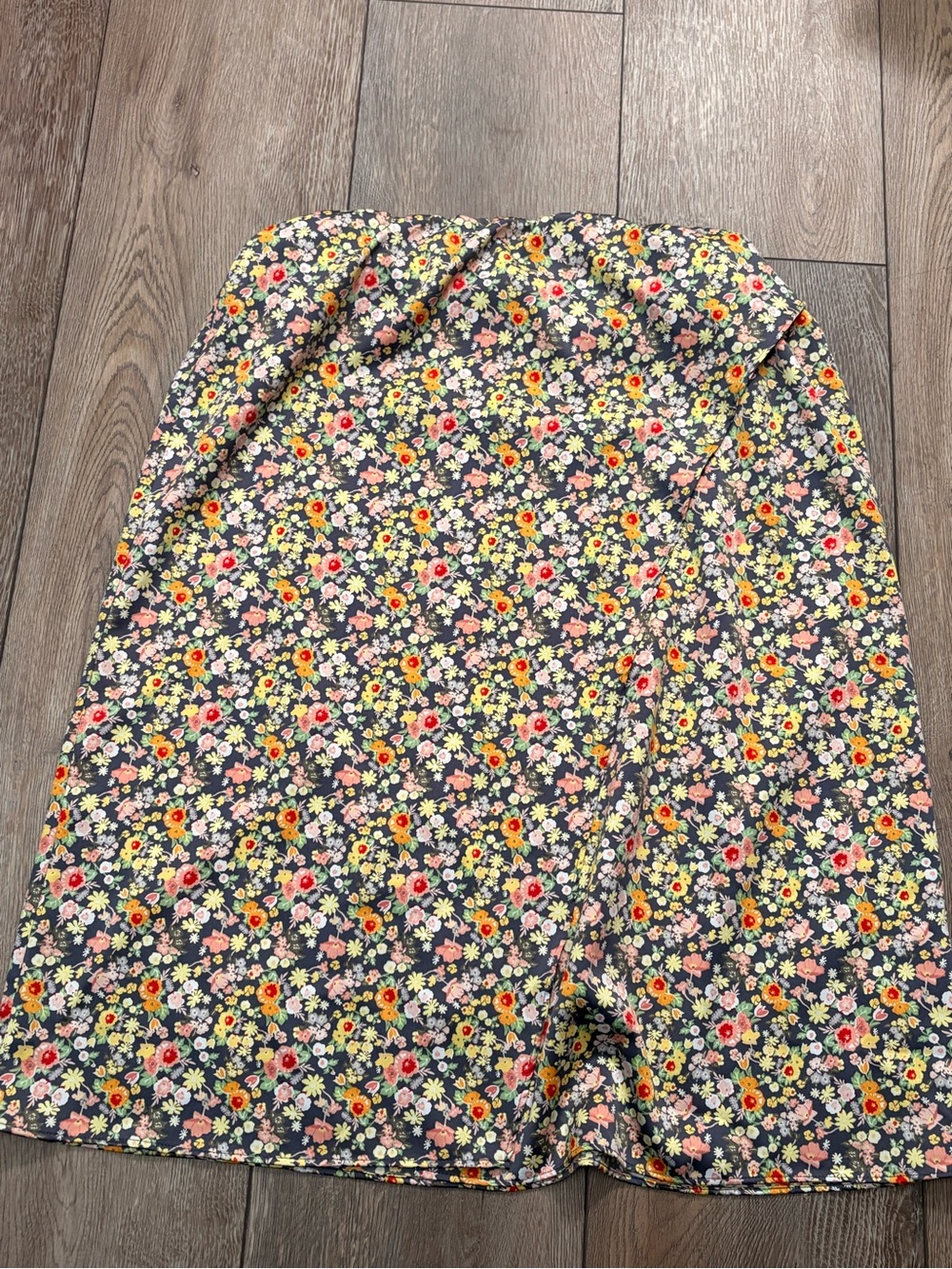 LOFT Navy Floral Elastic-Waist Skirt with Pink and Yellow Flowers
